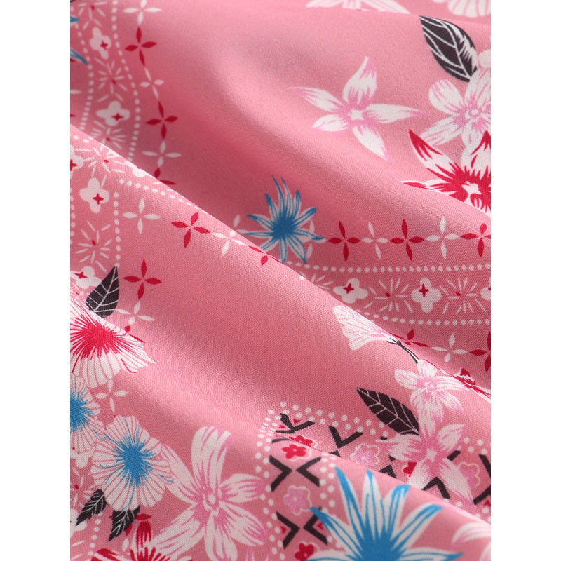 Bohemian Floral Print V-neck Drawstring Waist Short Sleeve Maxi Dress