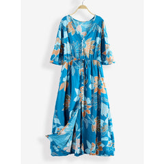 Bohemian Floral Print V-neck Waist Tie Beach Holiday Long Maxi Dress