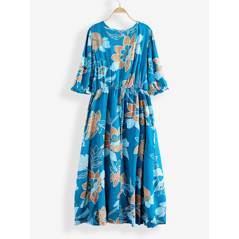 Bohemian Floral Print V-neck Waist Tie Beach Holiday Long Maxi Dress