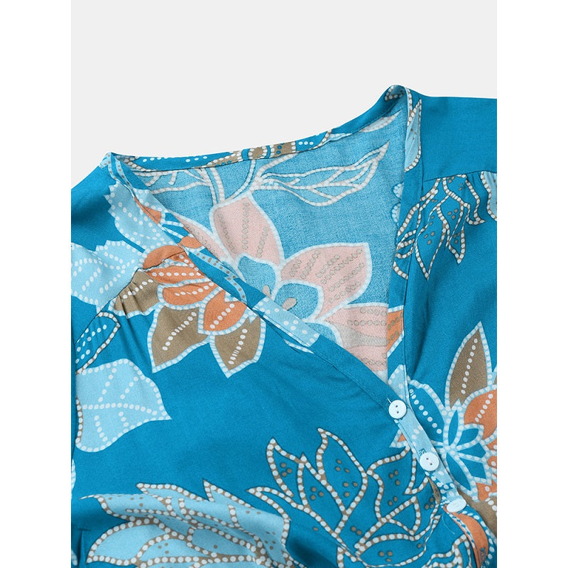 Bohemian Floral Print V-neck Waist Tie Beach Holiday Long Maxi Dress