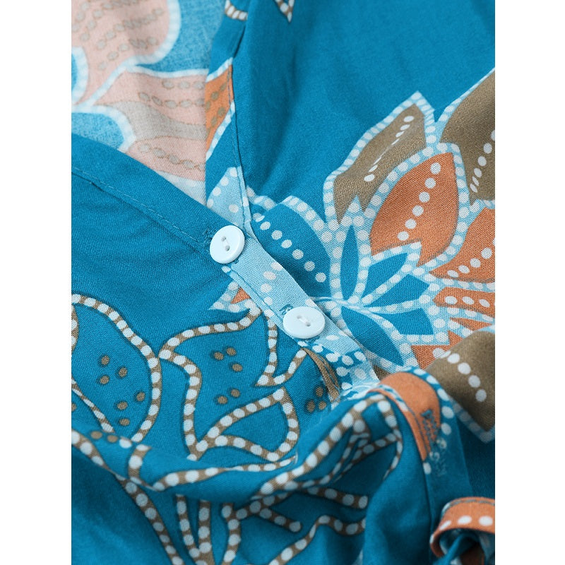Bohemian Floral Print V-neck Waist Tie Beach Holiday Long Maxi Dress