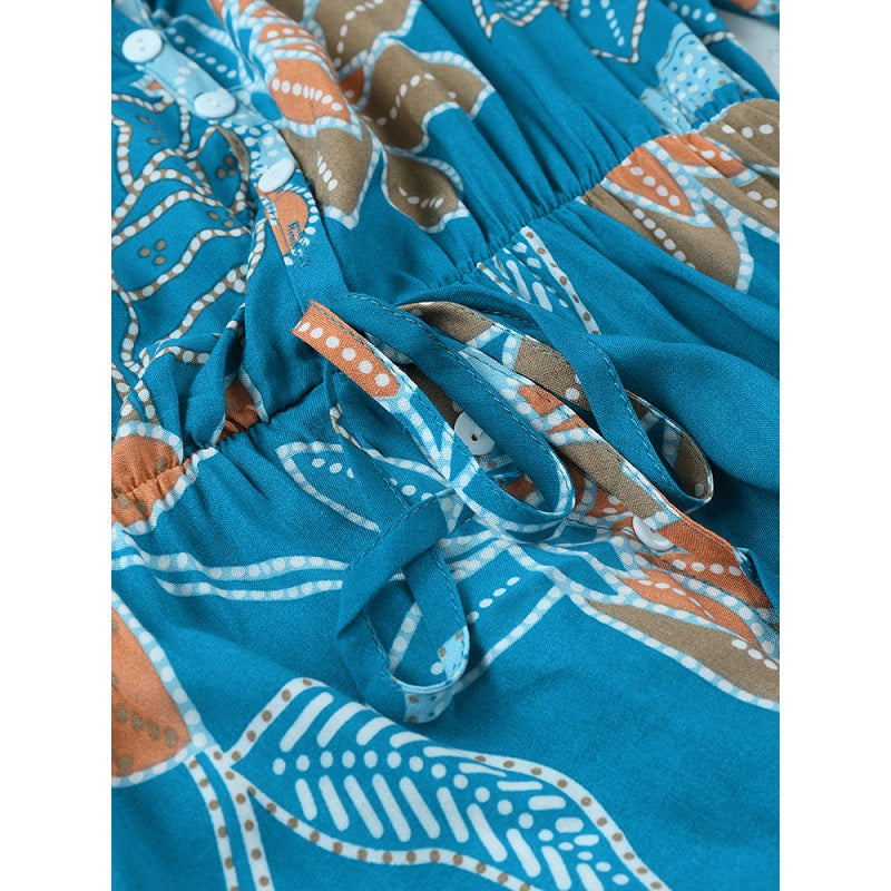 Bohemian Floral Print V-neck Waist Tie Beach Holiday Long Maxi Dress