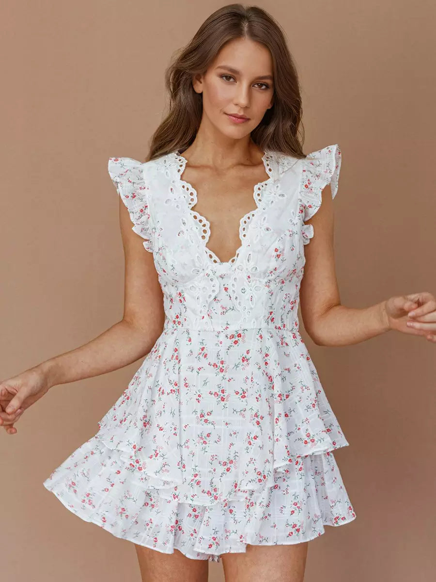 Bohemian Floral Print With V-Neck And Ruffled Sleeves Beach Style Mini Dress