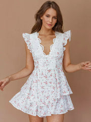 Bohemian Floral Print With V-Neck And Ruffled Sleeves Beach Style Mini Dress