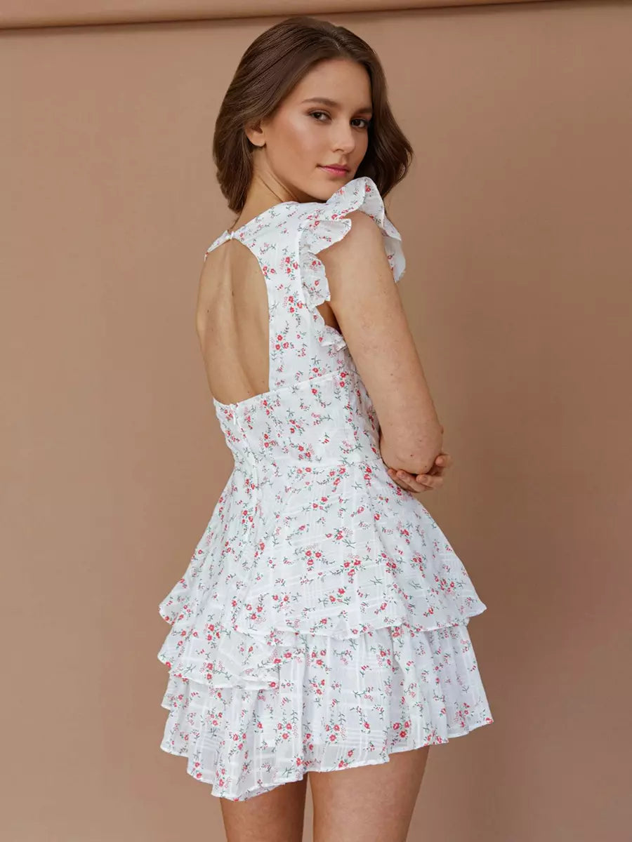 Bohemian Floral Print With V-Neck And Ruffled Sleeves Beach Style Mini Dress
