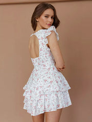 Bohemian Floral Print With V-Neck And Ruffled Sleeves Beach Style Mini Dress