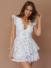 Bohemian Floral Print With V-Neck And Ruffled Sleeves Beach Style Mini Dress