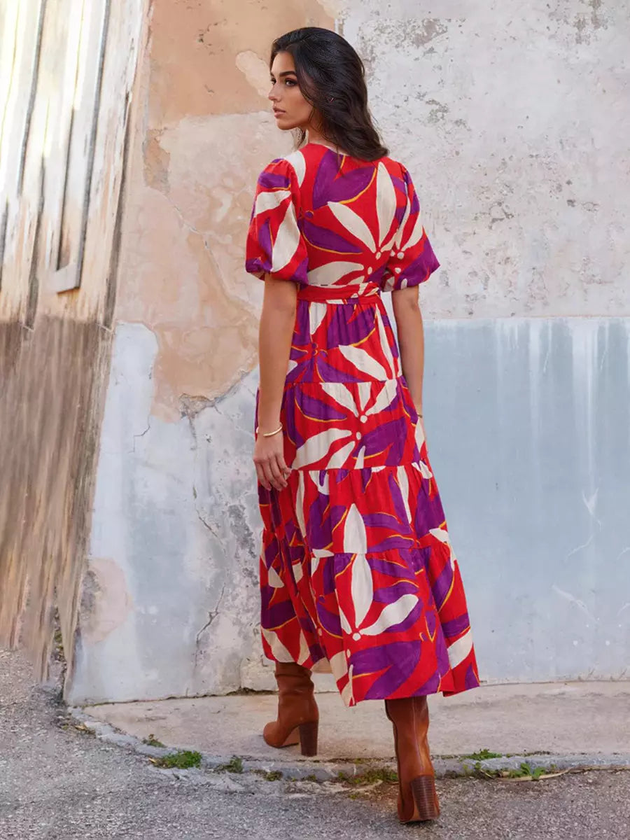 Bohemian Floral Print With V-neck And Side Slit Wrap Midi Dress