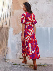 Bohemian Floral Print With V-neck And Side Slit Wrap Midi Dress