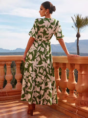 Bohemian Floral Print With V-neck And Side Slit Wrap Midi Dress