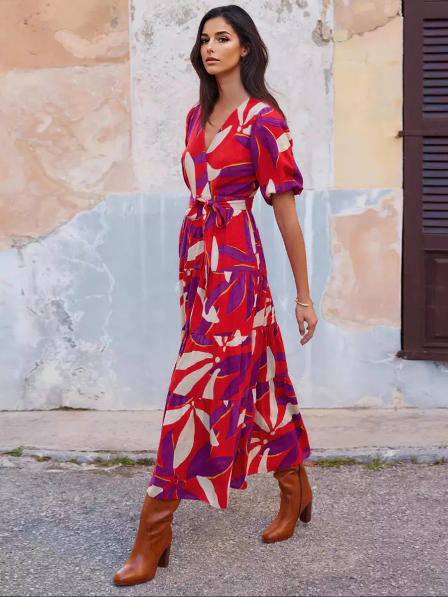 Bohemian Floral Print With V-neck And Side Slit Wrap Midi Dress