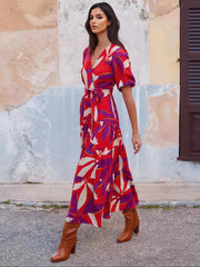 Bohemian Floral Print With V-neck And Side Slit Wrap Midi Dress