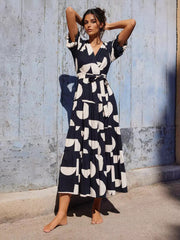 Bohemian Floral Print With V-neck And Side Slit Wrap Midi Dress