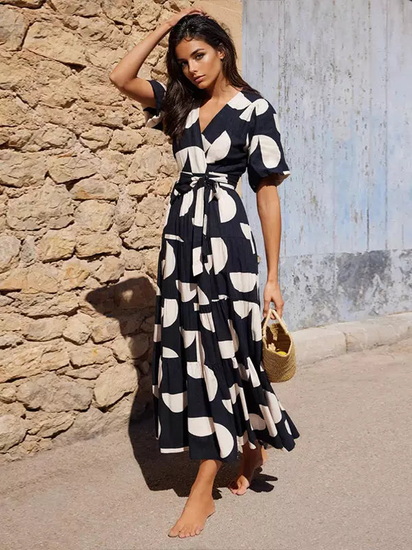 Bohemian Floral Print With V-neck And Side Slit Wrap Midi Dress