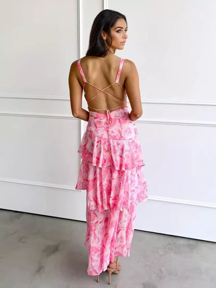 Bohemian Floral Printed With Deep V-Neck Layered Ruffle Maxi Dress