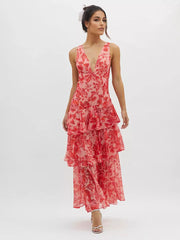 Bohemian Floral Printed With Deep V-Neck Layered Ruffle Maxi Dress