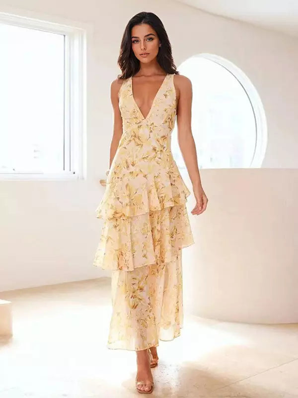 Bohemian Floral Printed With Deep V-Neck Layered Ruffle Maxi Dress