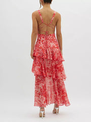 Bohemian Floral Printed With Deep V-Neck Layered Ruffle Maxi Dress
