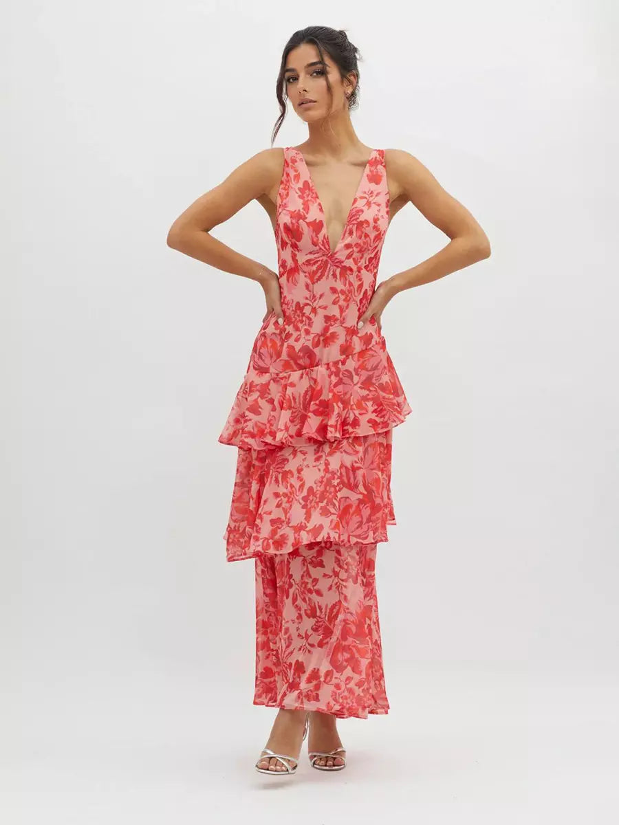 Bohemian Floral Printed With Deep V-Neck Layered Ruffle Maxi Dress