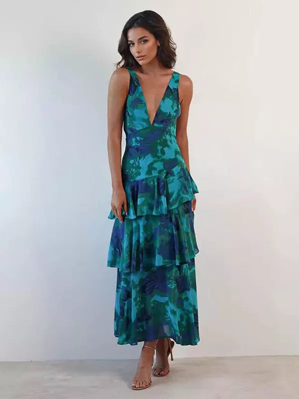 Bohemian Floral Printed With Deep V-Neck Layered Ruffle Maxi Dress