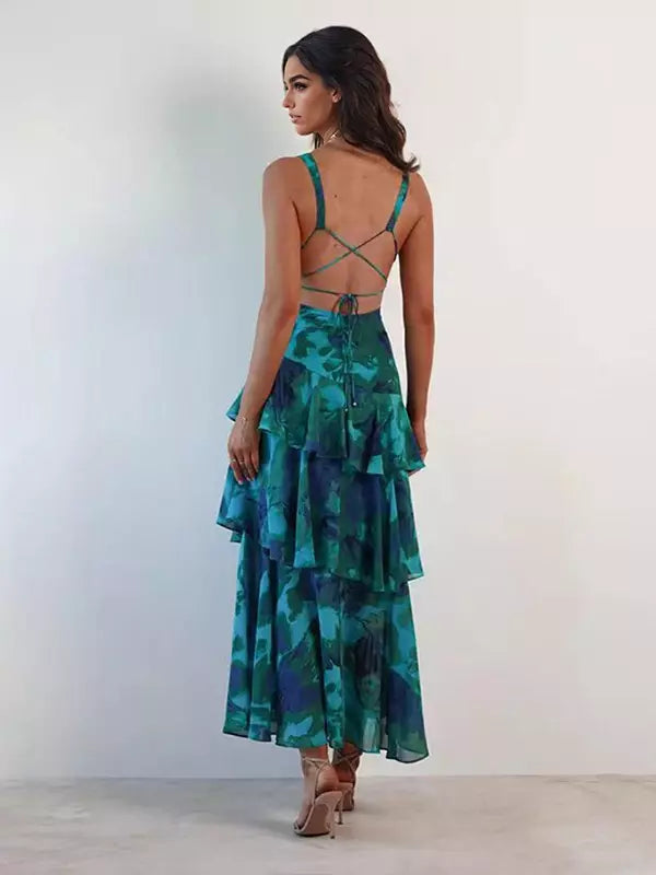 Bohemian Floral Printed With Deep V-Neck Layered Ruffle Maxi Dress