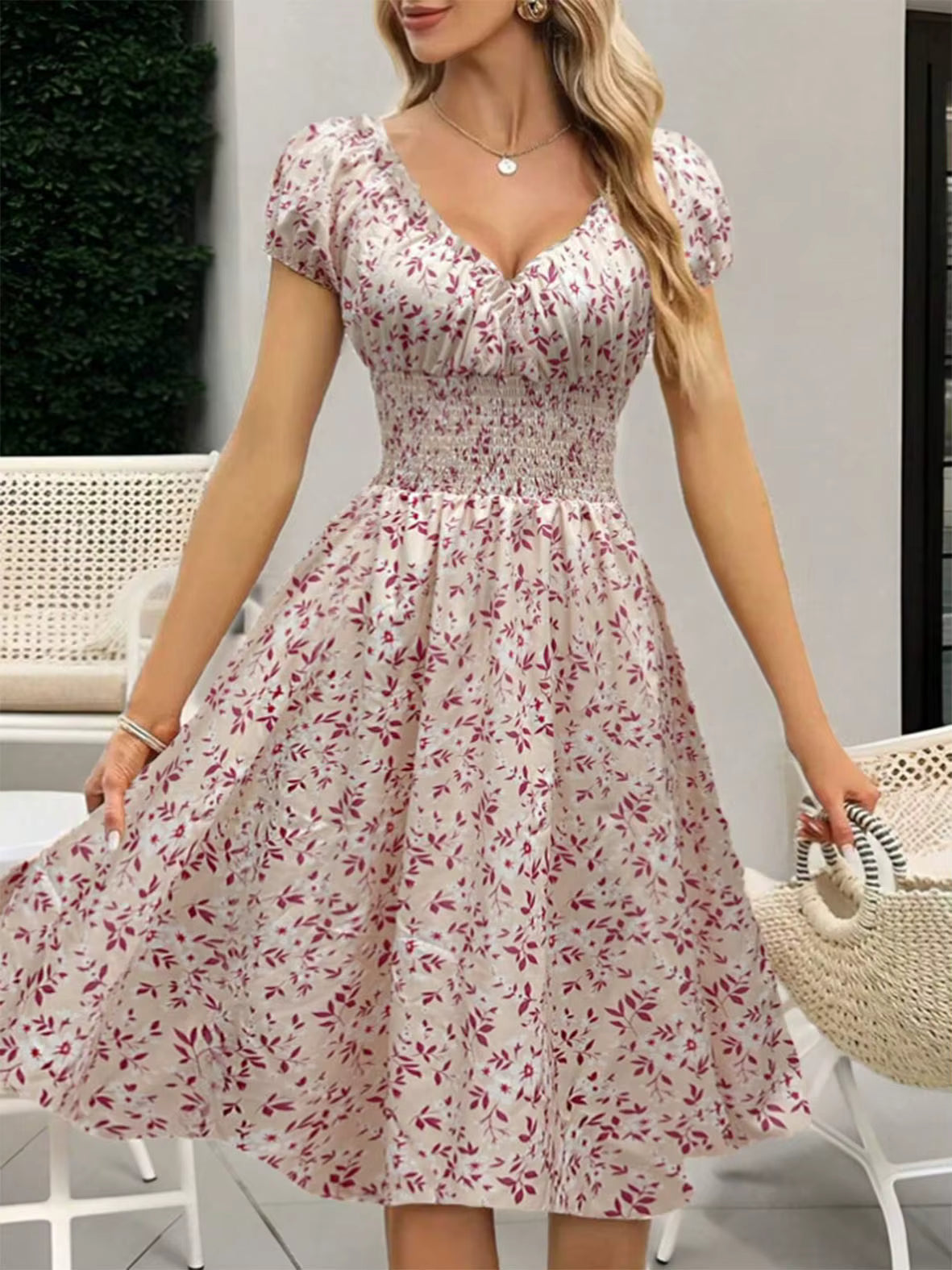 Bohemian Floral Ruffled Sleeves Wrap Waist Mini Knee-Length Sundress