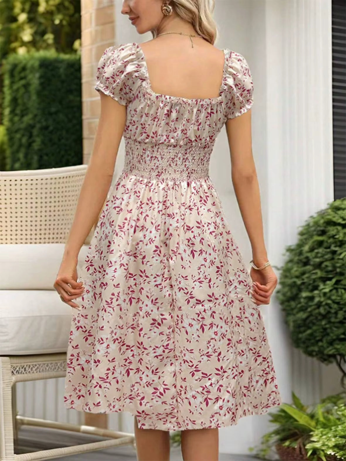 Bohemian Floral Ruffled Sleeves Wrap Waist Mini Knee-Length Sundress