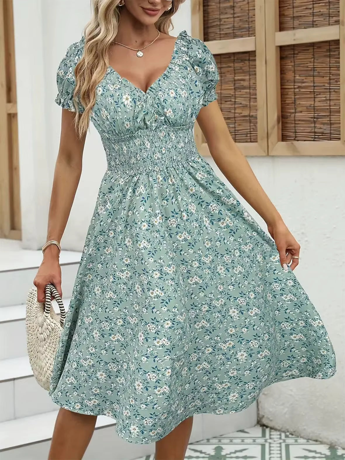 Bohemian Floral Ruffled Sleeves Wrap Waist Mini Knee-Length Sundress