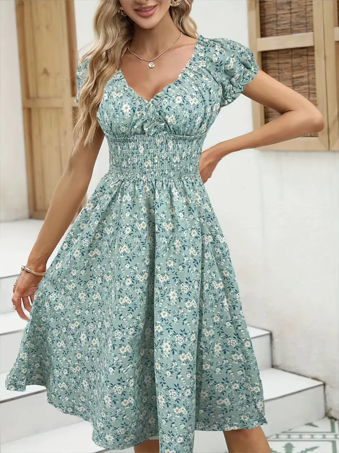 Bohemian Floral Ruffled Sleeves Wrap Waist Mini Knee-Length Sundress