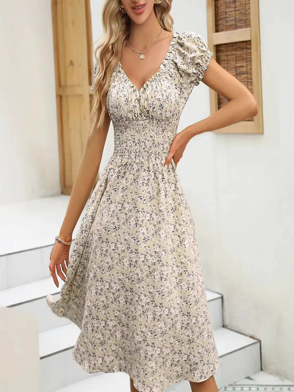 Bohemian Floral Ruffled Sleeves Wrap Waist Mini Knee-Length Sundress