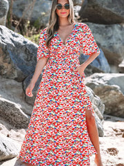 Bohemian Floral Short Sleeves Deep V-Neck Long Maxi Dress