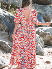 Bohemian Floral Short Sleeves Deep V-Neck Long Maxi Dress