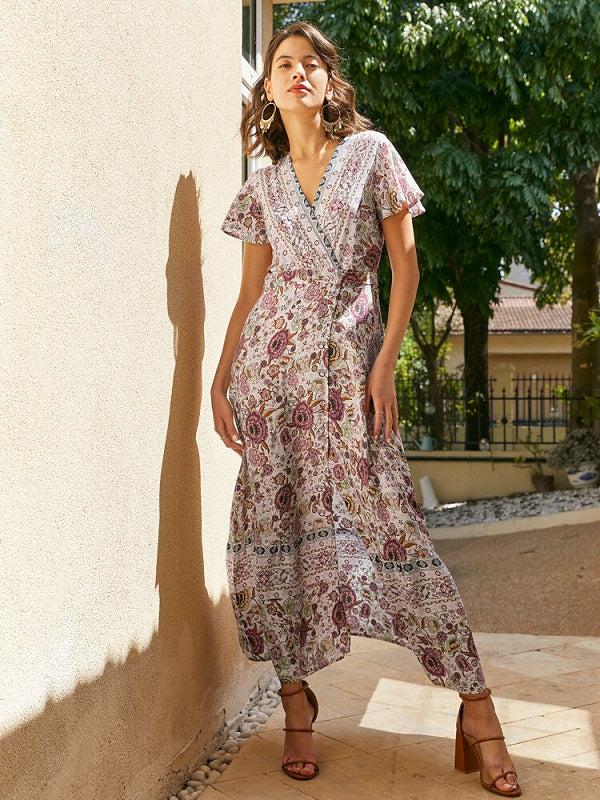 Bohemian Flower Print Knot Slit V-neck Short Sleeve Maxi Dress