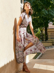 Bohemian Flower Print Knot Slit V-neck Short Sleeve Maxi Dress