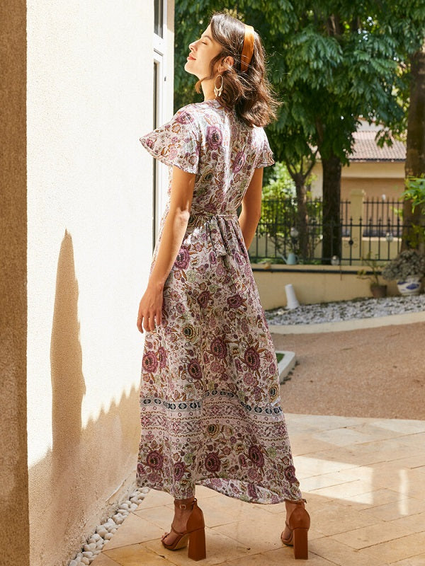 Bohemian Flower Print Knot Slit V-neck Short Sleeve Maxi Dress