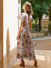 Bohemian Flower Print Knot Slit V-neck Short Sleeve Maxi Dress