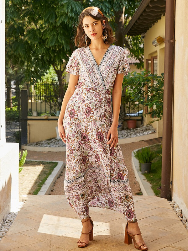 Bohemian Flower Print Knot Slit V-neck Short Sleeve Maxi Dress