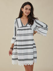 Bohemian Geo Print Lace Stitch V-neck Midi Dress