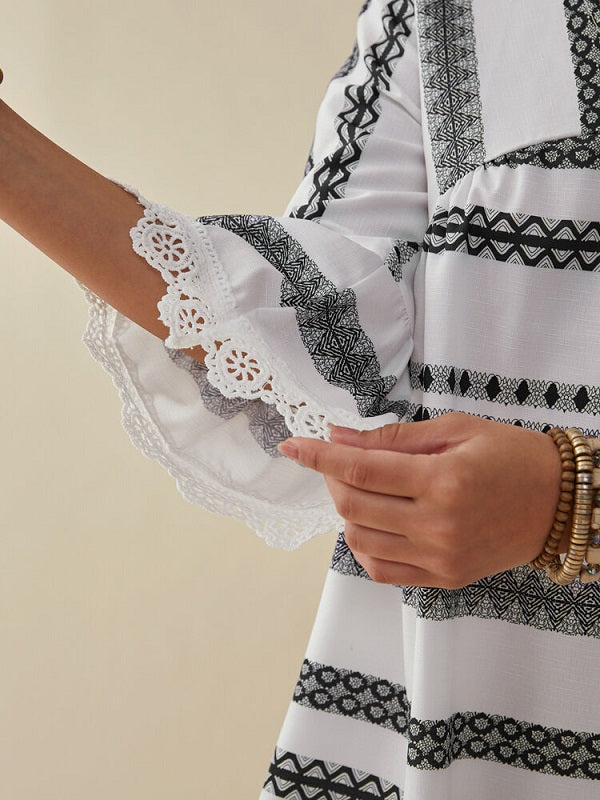 Bohemian Geo Print Lace Stitch V-neck Midi Dress