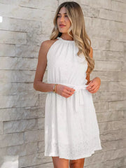 Bohemian Halter Neck Daily Casual Mini Lace Dress With Belt