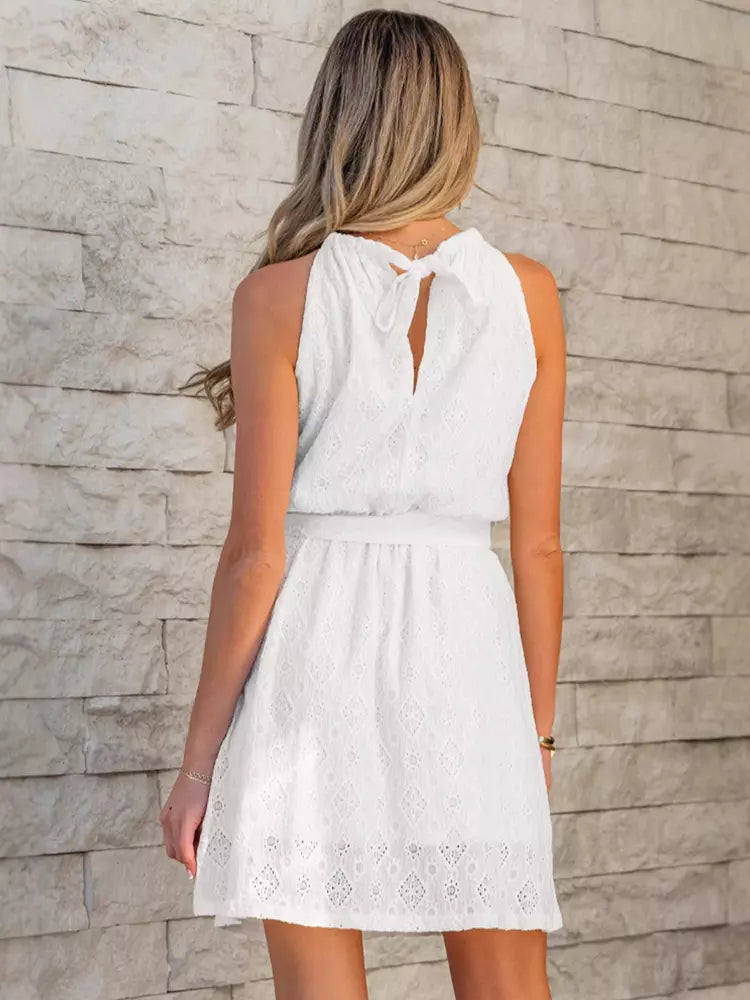 Bohemian Halter Neck Daily Casual Mini Lace Dress With Belt