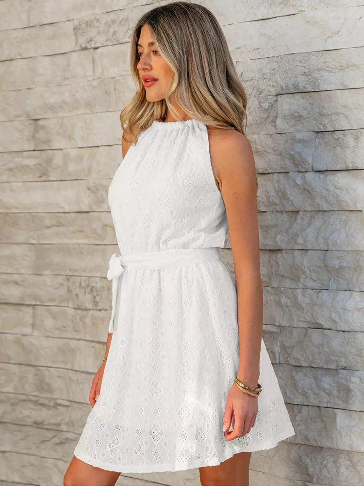 Bohemian Halter Neck Daily Casual Mini Lace Dress With Belt