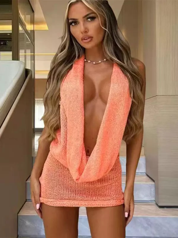 Bohemian Halter Neck Sleeveless Knitted Bodycon Mini Dress