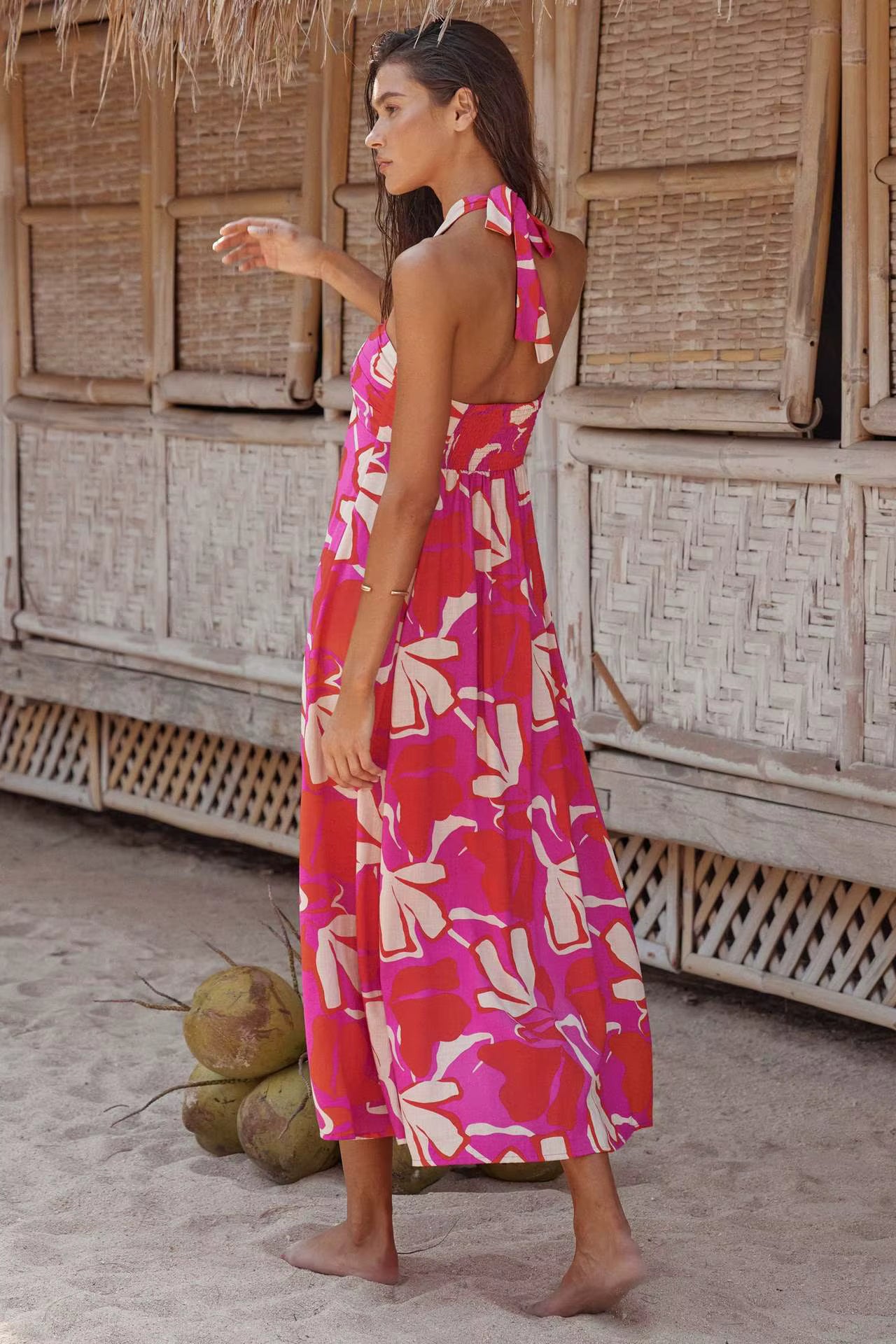 Bohemian Hanging Neck Printed Flower Beach Style Long Maxi Dress