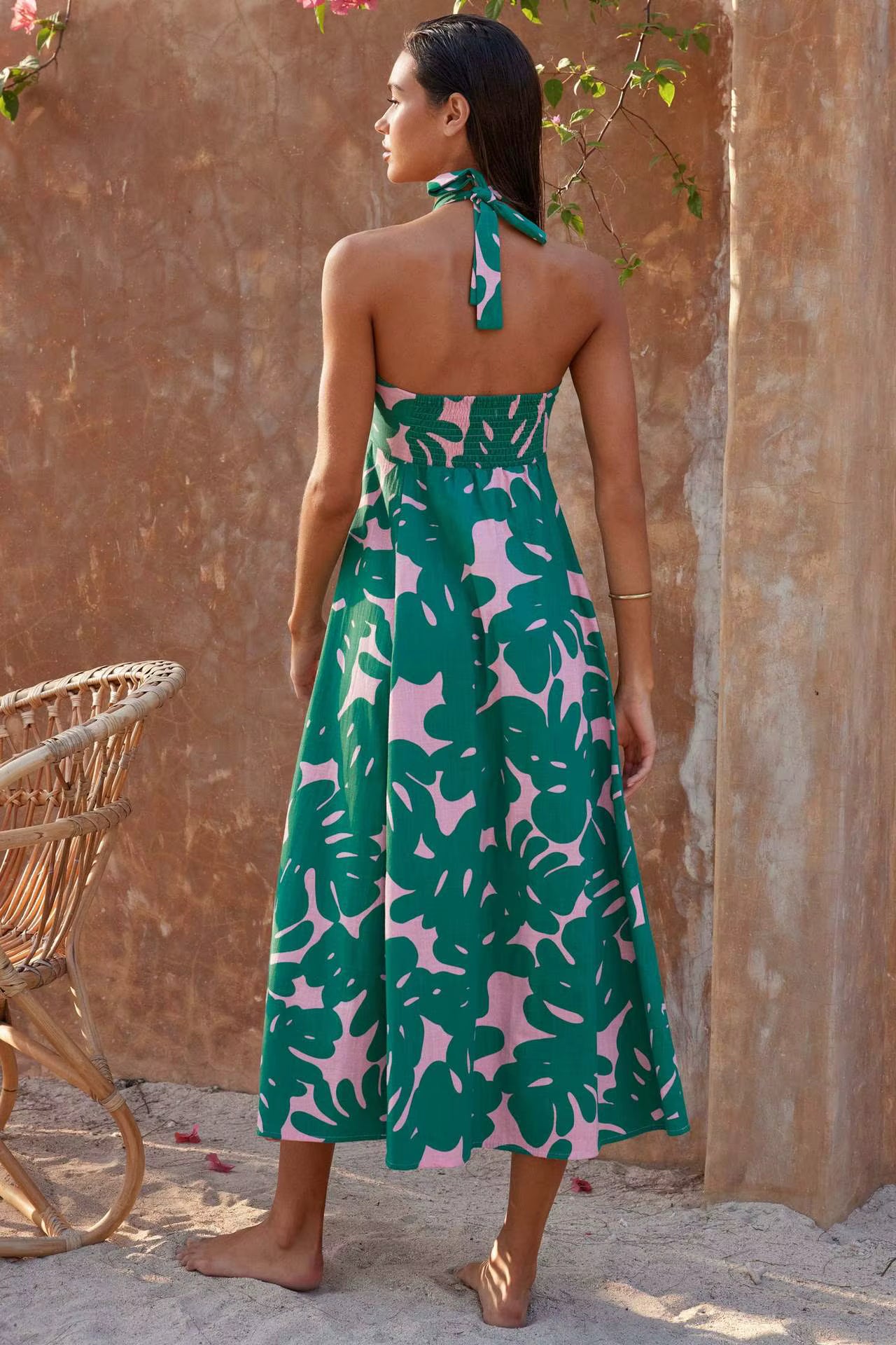 Bohemian Hanging Neck Printed Flower Beach Style Long Maxi Dress