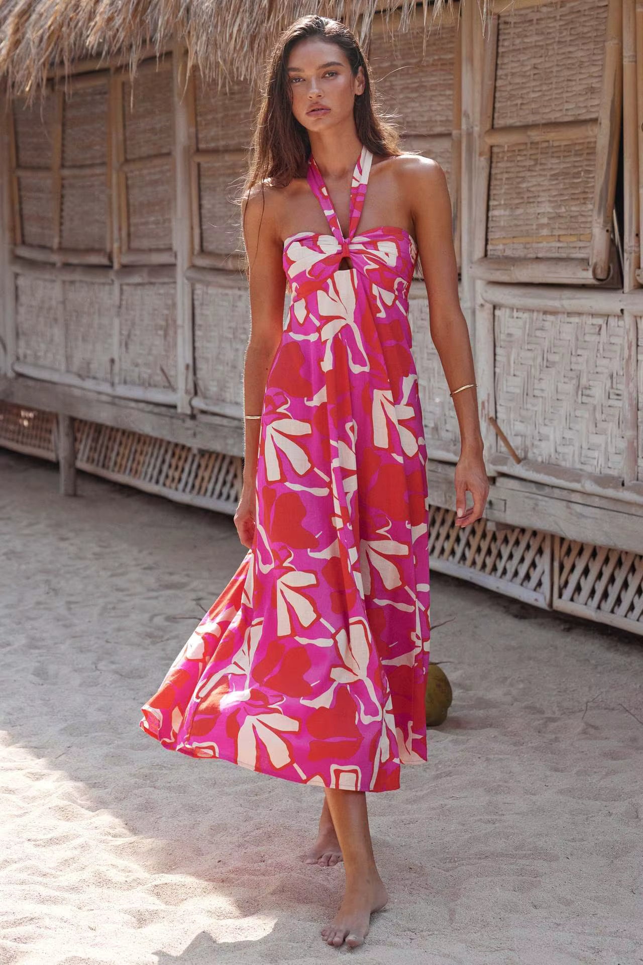 Bohemian Hanging Neck Printed Flower Beach Style Long Maxi Dress