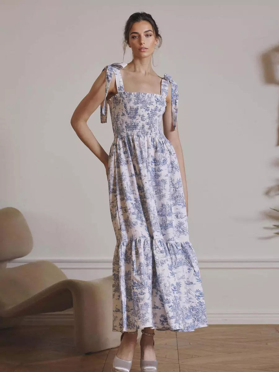 Bohemian Landscape Print Square Neck Shirred Long Maxi Dress