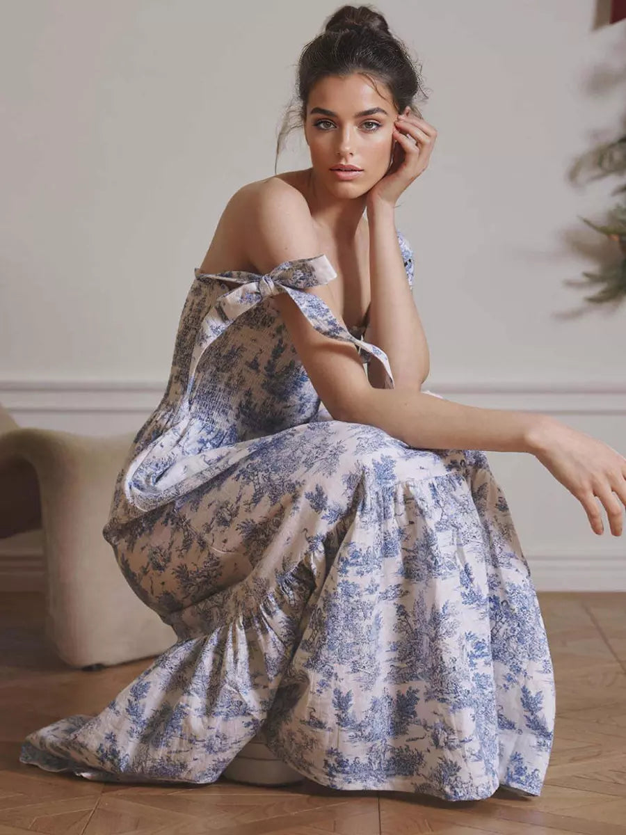 Bohemian Landscape Print Square Neck Shirred Long Maxi Dress