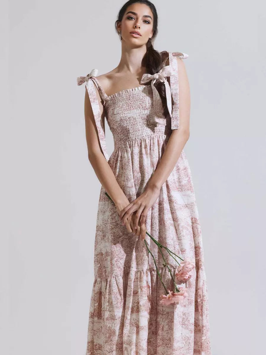Bohemian Landscape Print Square Neck Shirred Long Maxi Dress