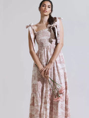 Bohemian Landscape Print Square Neck Shirred Long Maxi Dress